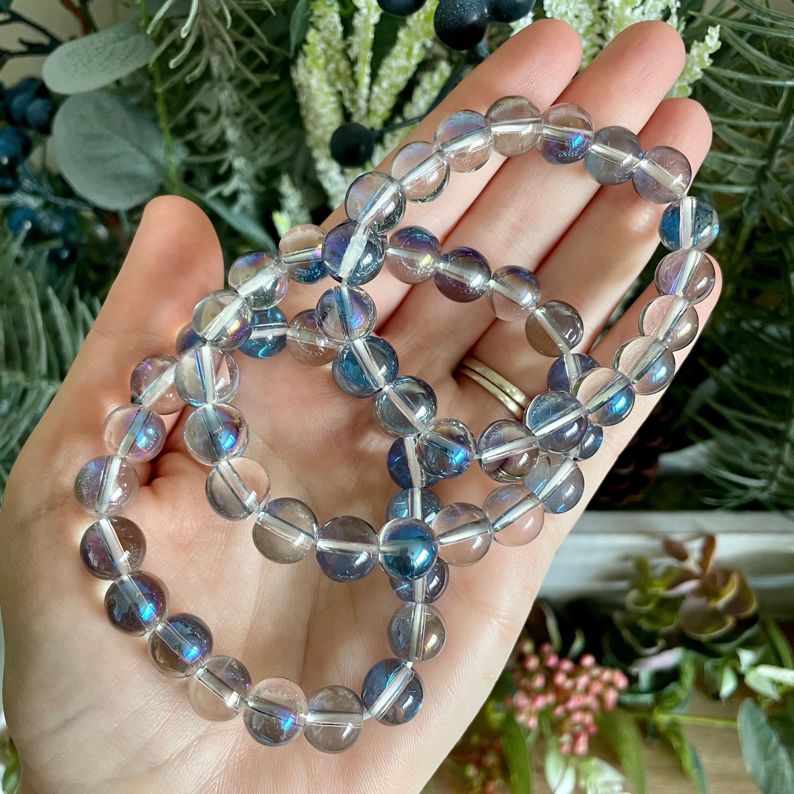 Natural 8mm Aqua Angel Aura Quartz Crystal Beaded Bracelet for Inspiration  | eBay